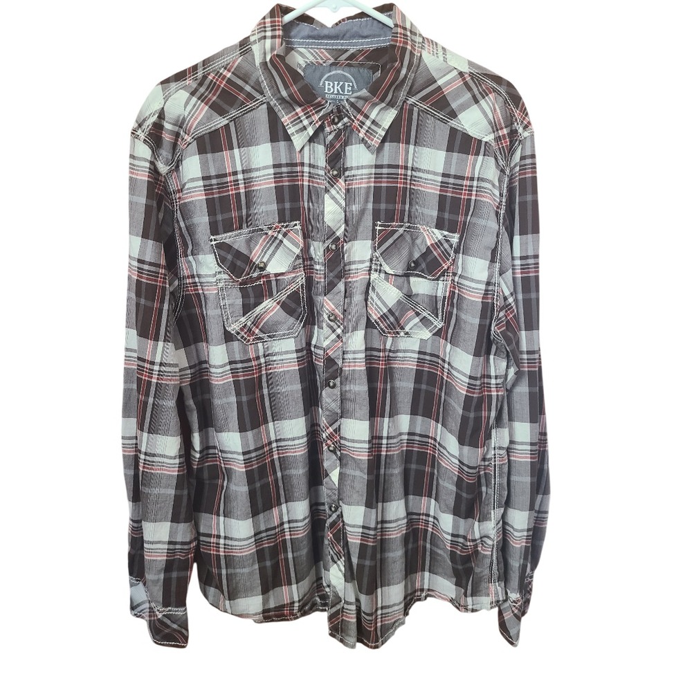 BKE Buckle Relaxed Fit Long Sleeve Plaid Pearl Snap Western Shirt Men's Large